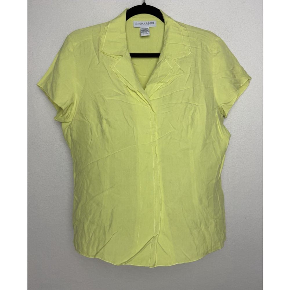 Sag Harbor Womens Green Button Up Silk Shirt Short Sleeve Notched Collar Size 10